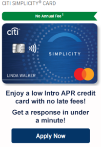 Apply now for a Citi Simplicity credit card.