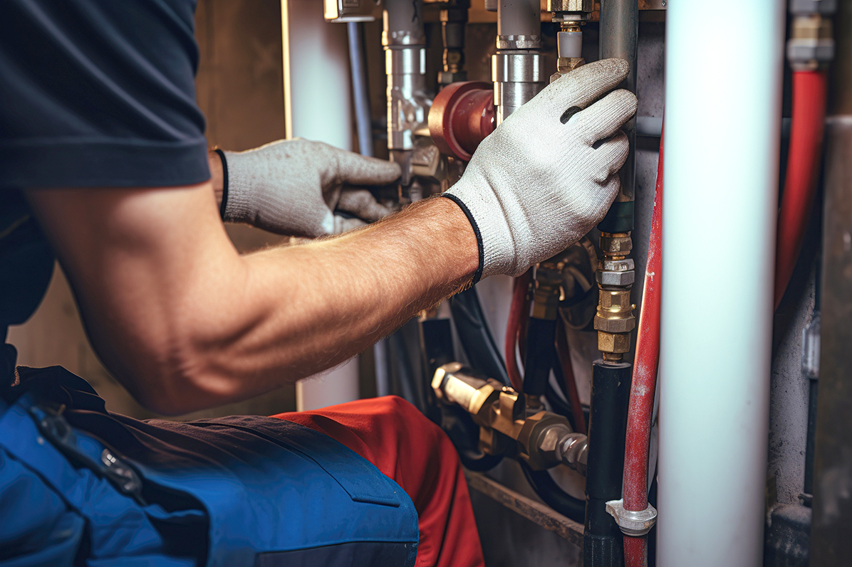 HVAC Technician inspects and repairs a central heating system